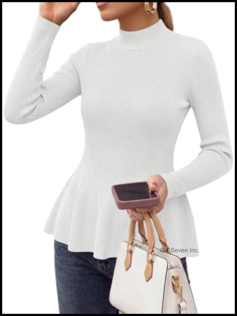 Mock Neck Long Sleeve Peplum Sweater Ribbed Knit Ruffle Hem Women's Pullover